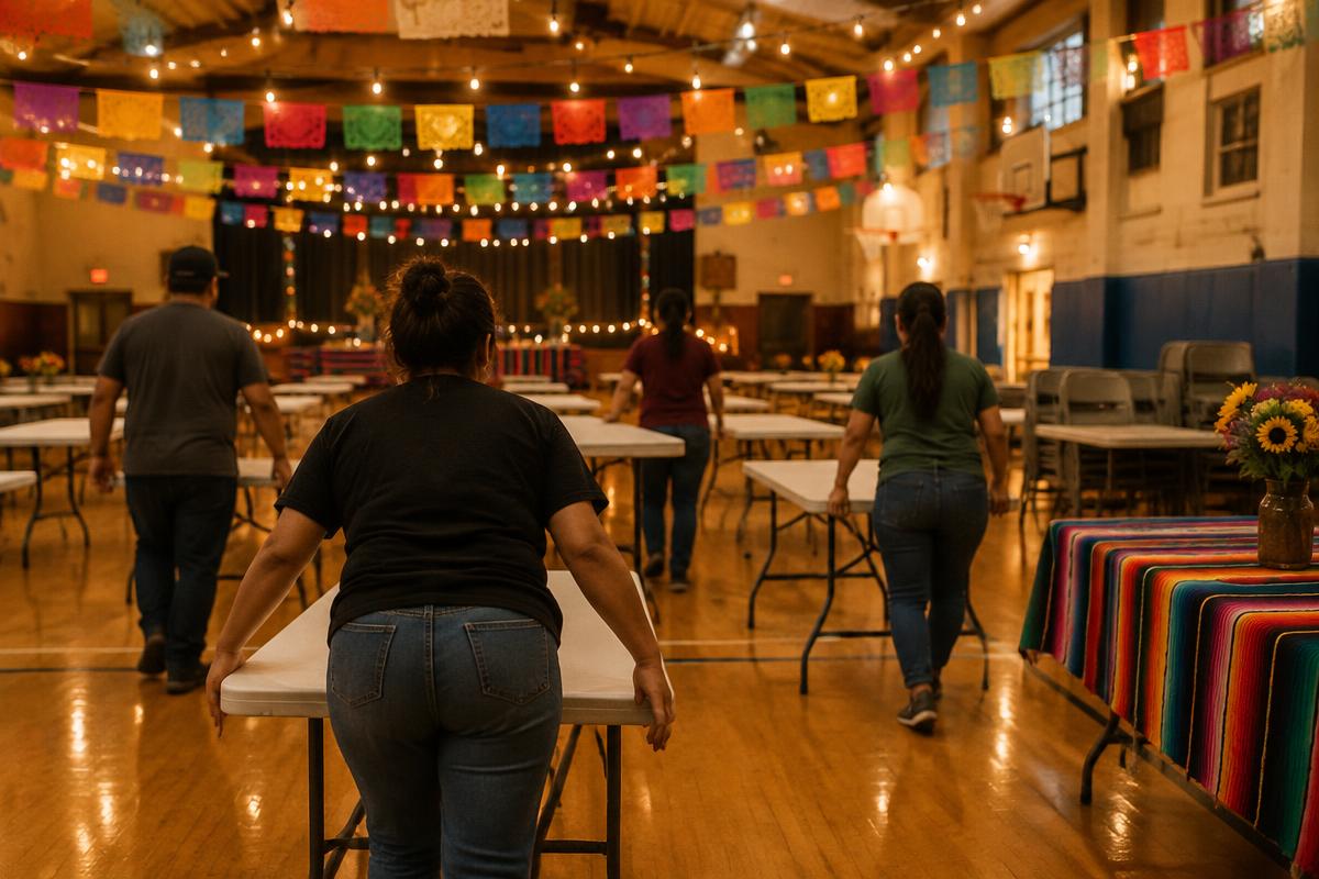 Volunteers setting up tables under papel picado in a community hall